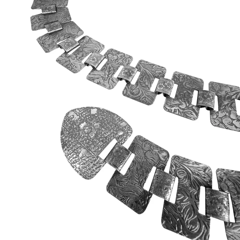Vintage Sarah Coventry Floral Etched Belt Silver Pewter Tone Metal Link Boho 70s